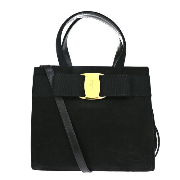 SALVATORE FERRAGAMO Logo Vara 2Way Shouldr Hand Bag Suede Leather Black - Picture 1 of 16